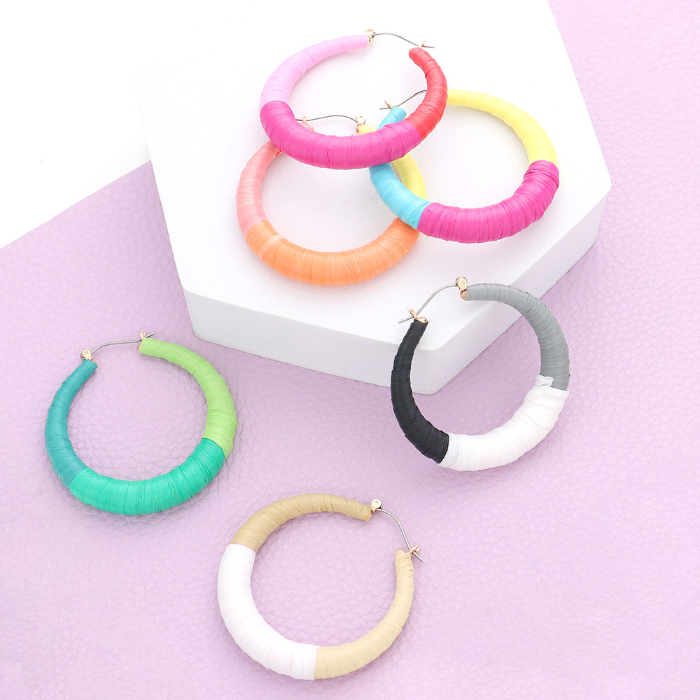 Raffia Wrapped Hoop Pin Catch Earrings