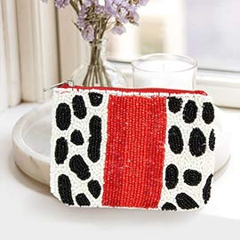 Cow Patterned Seed Beaded Mini Pouch Bag