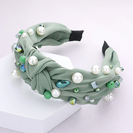 Pearl Multi Bead Embellished Knot Burnout Headband
