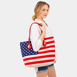 American USA Flag Printed  Beach Tote Bag