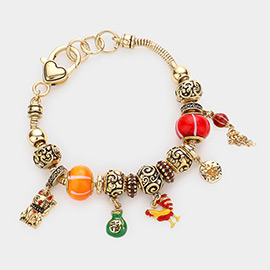 Cat Lucky Bag Rooster Sun Chain Charm Multi Bead Bracelet