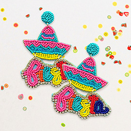 Felt Back Seed Beaded Hat Fiesta Message Link Dangle Earrings