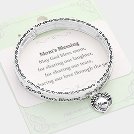 Mom's Blessing Metal Heart Wings Charm Message Stretch Bracelet