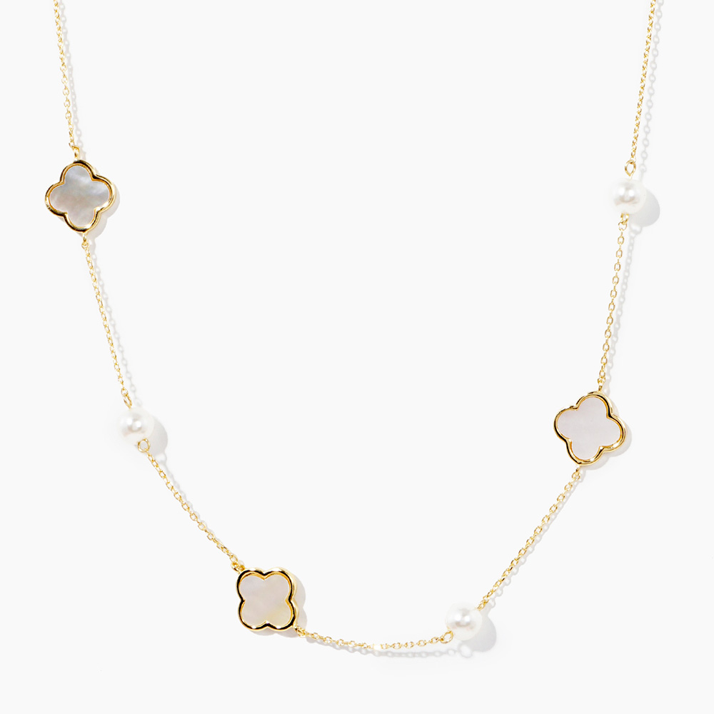 Gold Dipped Mother of Pearl Quatrefoil Station Necklace