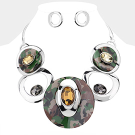 Camouflage Patterned Celluloid Acetate Glass Stone Metal Statement Necklace