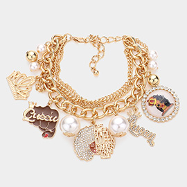 Pearl Crown Queen Message Afro Girl Charm Multi Layered Bracelet