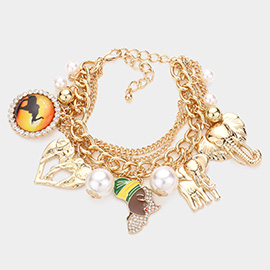 Pearl Elephant Heart Afro Girl Charm Multi Layered Bracelet