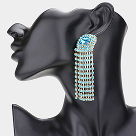 Emerald Cut Stone Accented Rhinestone Fringe Dangle Evening Earrings