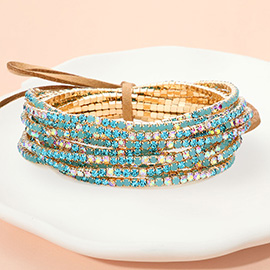 12PCS - Ribbon Colorful Rhinestone Layered Stretch Bracelets