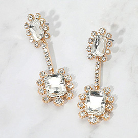 Double Emerald Cut Stone Accented Dangle Evening Earrings