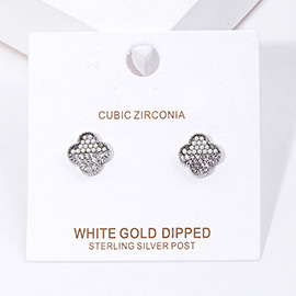 White Gold Dipped CZ Pearl Quatrefoil Stud Earrings