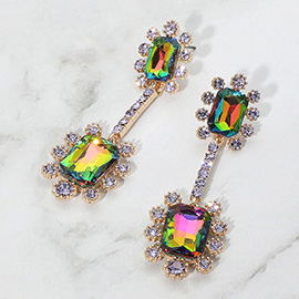 Double Emerald Cut Stone Accented Dangle Evening Earrings