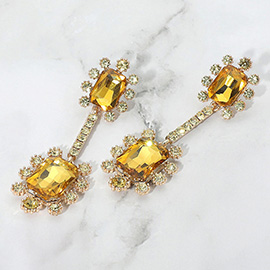 Double Emerald Cut Stone Accented Dangle Evening Earrings