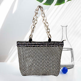 Zigzag Chevron Patterned Celluloid Acetate Handle Straw Tote Bag
