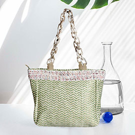 Zigzag Chevron Patterned Celluloid Acetate Handle Straw Tote Bag