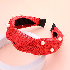 Pearl Embellished Straw Knot Burnout Headband