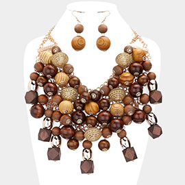 Wood Cube Ball Cluster Vine Statement Necklace