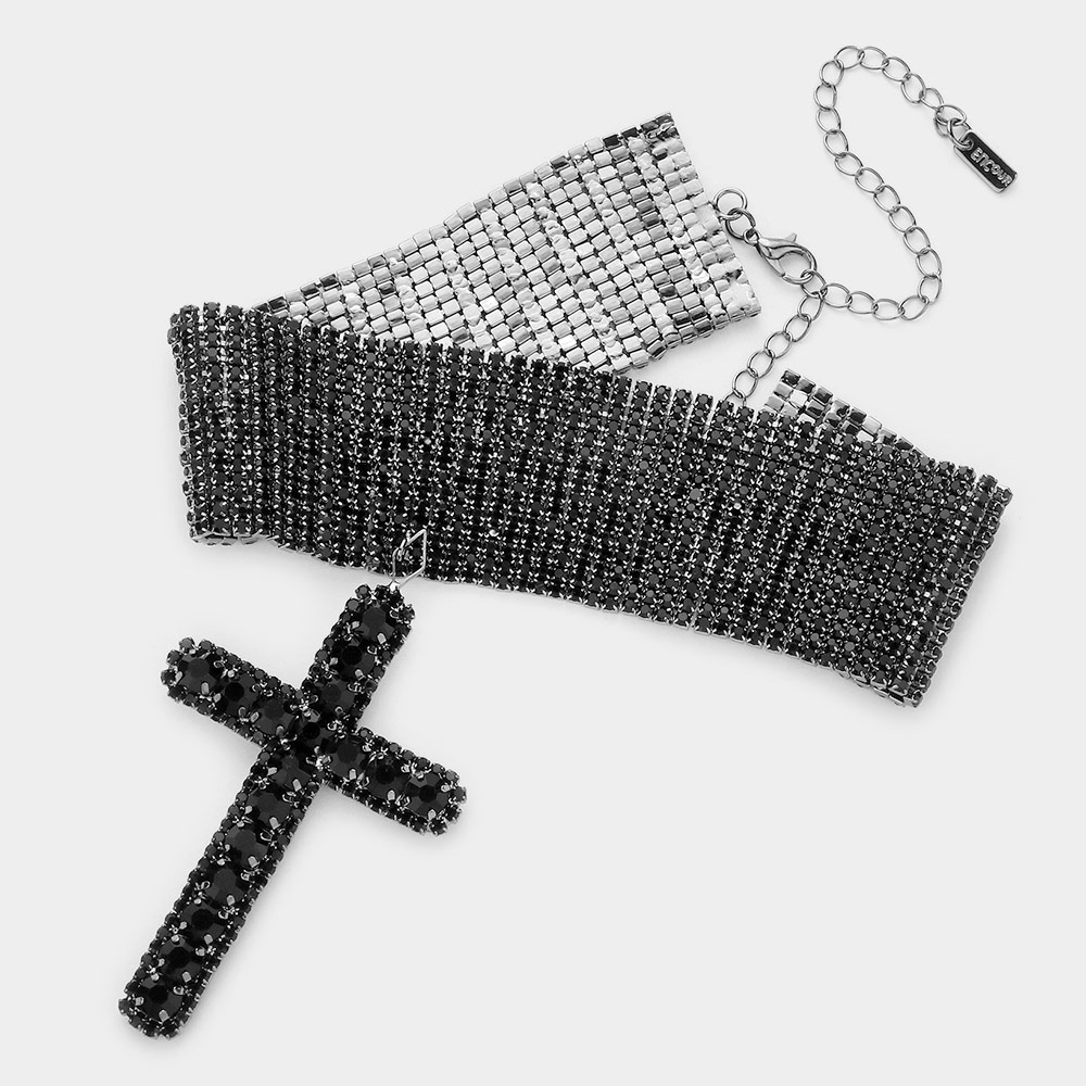Bubble Stone Cross Pendant Evening Choker Necklace