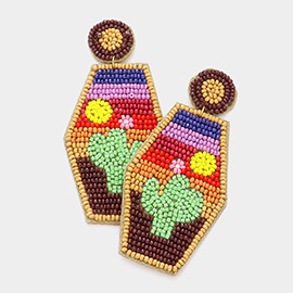 Felt Back Seed Beaded Cactus Accented Dangle Earrings
