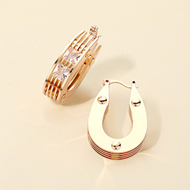 Square Stone Embellished Brass Metal Teardrop Hoop Pin Catch Earrings