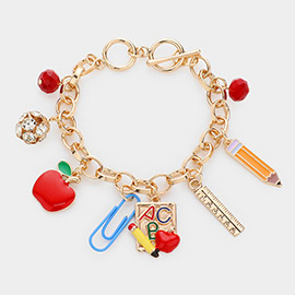 Apple Paper Clip Ruler Pencil Charm Toggle Bracelet
