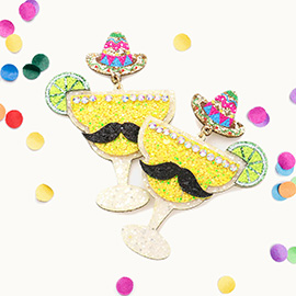 Glittered Hat Mustache Pointed Lime Cocktail Link Dangle Earrings
