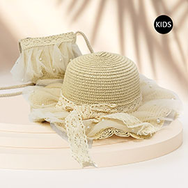 2PCS - Pearl Embellished Straw Kids Sun Hat Crossbody Bag Set