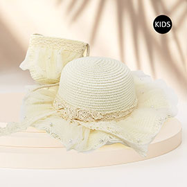 2PCS - Pearl Embellished Straw Kids Sun Hat Crossbody Bag Set