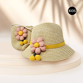 2PCS - Flower Accented Straw Kids Sun Hat Crossbody Bag Set