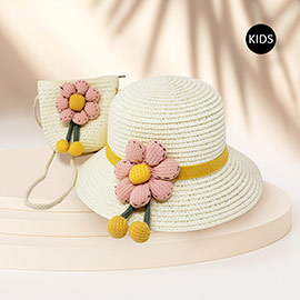 2PCS - Flower Accented Straw Kids Sun Hat Crossbody Bag Set