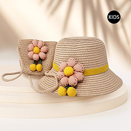 2PCS - Flower Accented Straw Kids Sun Hat Crossbody Bag Set