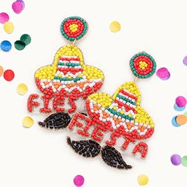 Fiesta Message Felt Back Beaded Hat Mustache Dangle Earrings