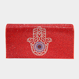 Bling Evil Eye Centered Hamsa Hand Evening Clutch / Crossbody Bag