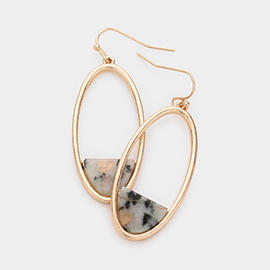 Semi Precious Accented Open Metal Oval Dangle Earrings