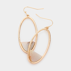 Semi Precious Accented Open Metal Oval Dangle Earrings