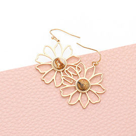 Semi Precious Stone Centered Metal Flower Dangle Earrings