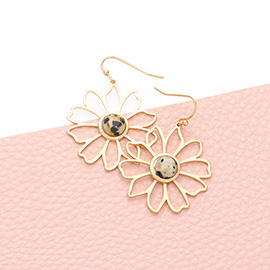 Semi Precious Stone Centered Metal Flower Dangle Earrings