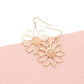 Semi Precious Stone Centered Metal Flower Dangle Earrings