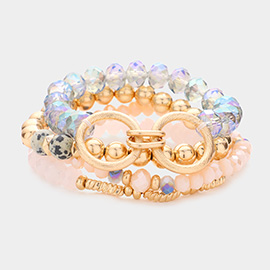4PCS - Semi Precious Stone Pointed Double Open Metal Circle Link Faceted Beaded Stretch Bracelets