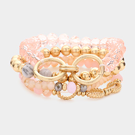 4PCS - Semi Precious Stone Pointed Double Open Metal Circle Link Faceted Beaded Stretch Bracelets