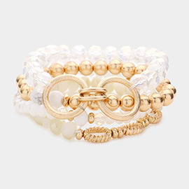 4PCS - Semi Precious Stone Pointed Double Open Metal Circle Link Faceted Beaded Stretch Bracelets