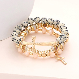 3PCS -Metal Cross Accented Semi Precious Stone Stretch Bracelets