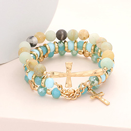 3PCS -Metal Cross Accented Semi Precious Stone Stretch Bracelets