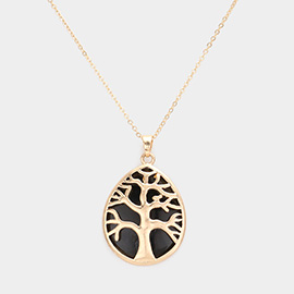 Metal Tree of Life Detailed Semi Precious Teardrop Pendant Necklace