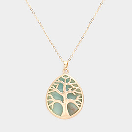 Metal Tree of Life Detailed Semi Precious Teardrop Pendant Necklace