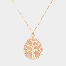Metal Tree of Life Detailed Semi Precious Teardrop Pendant Necklace