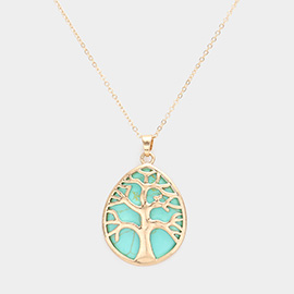 Metal Tree of Life Detailed Semi Precious Teardrop Pendant Necklace