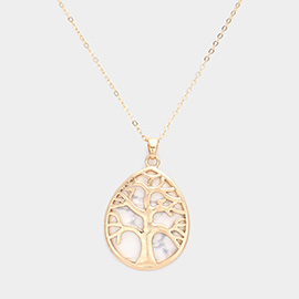 Metal Tree of Life Detailed Semi Precious Teardrop Pendant Necklace