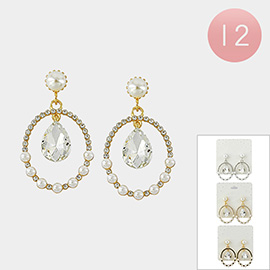 12Pairs - Teardrop Accented Pearl Rhinestone Oval Dangle Earrings