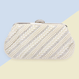 Oblique Pearl Stone Embellished Evening Clutch / Crossbody Bag